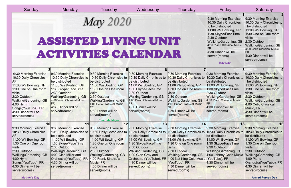 Assisted Living Unit Activities Calendar