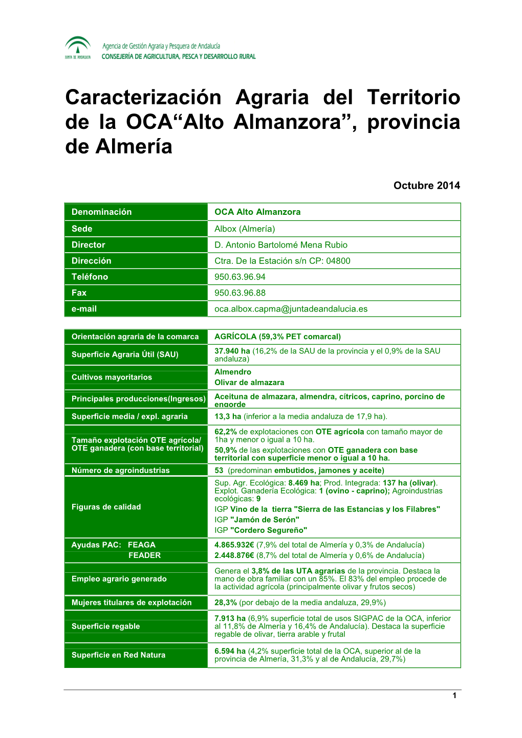 Caracterización Agraria Del Territorio De La OCA“Alto Almanzora”, Provincia De Almería