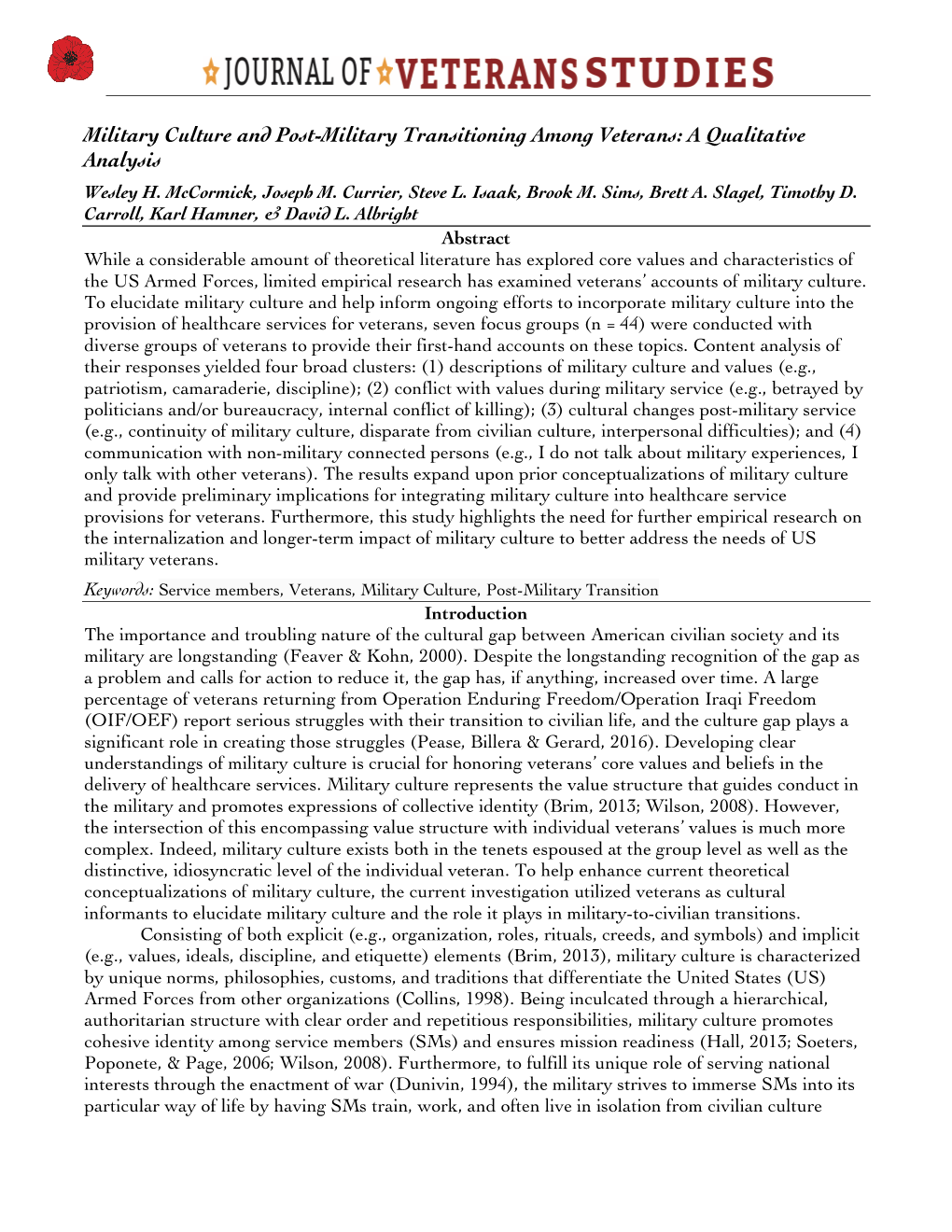 Military Culture and Post-Military Transitioning Among Veterans: a Qualitative Analysis Wesley H