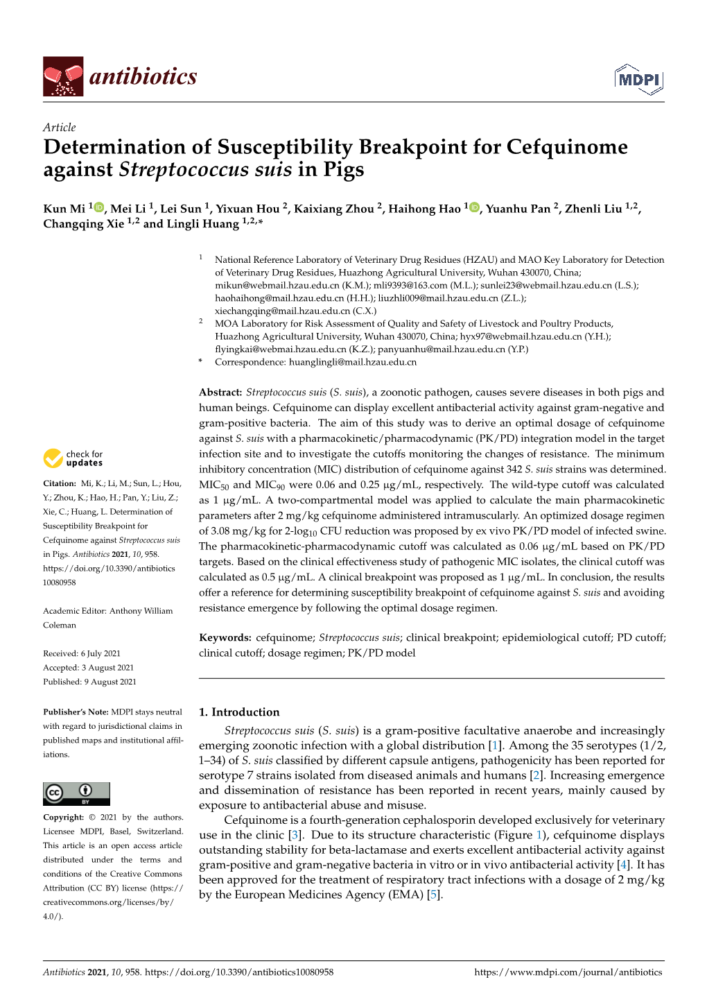 Determination of Susceptibility Breakpoint for Cefquinome Against Streptococcus Suis in Pigs