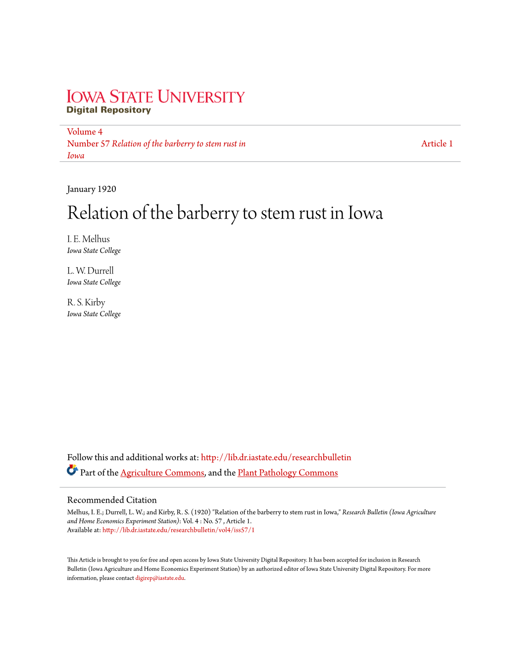 Relation of the Barberry to Stem Rust in Iowa I