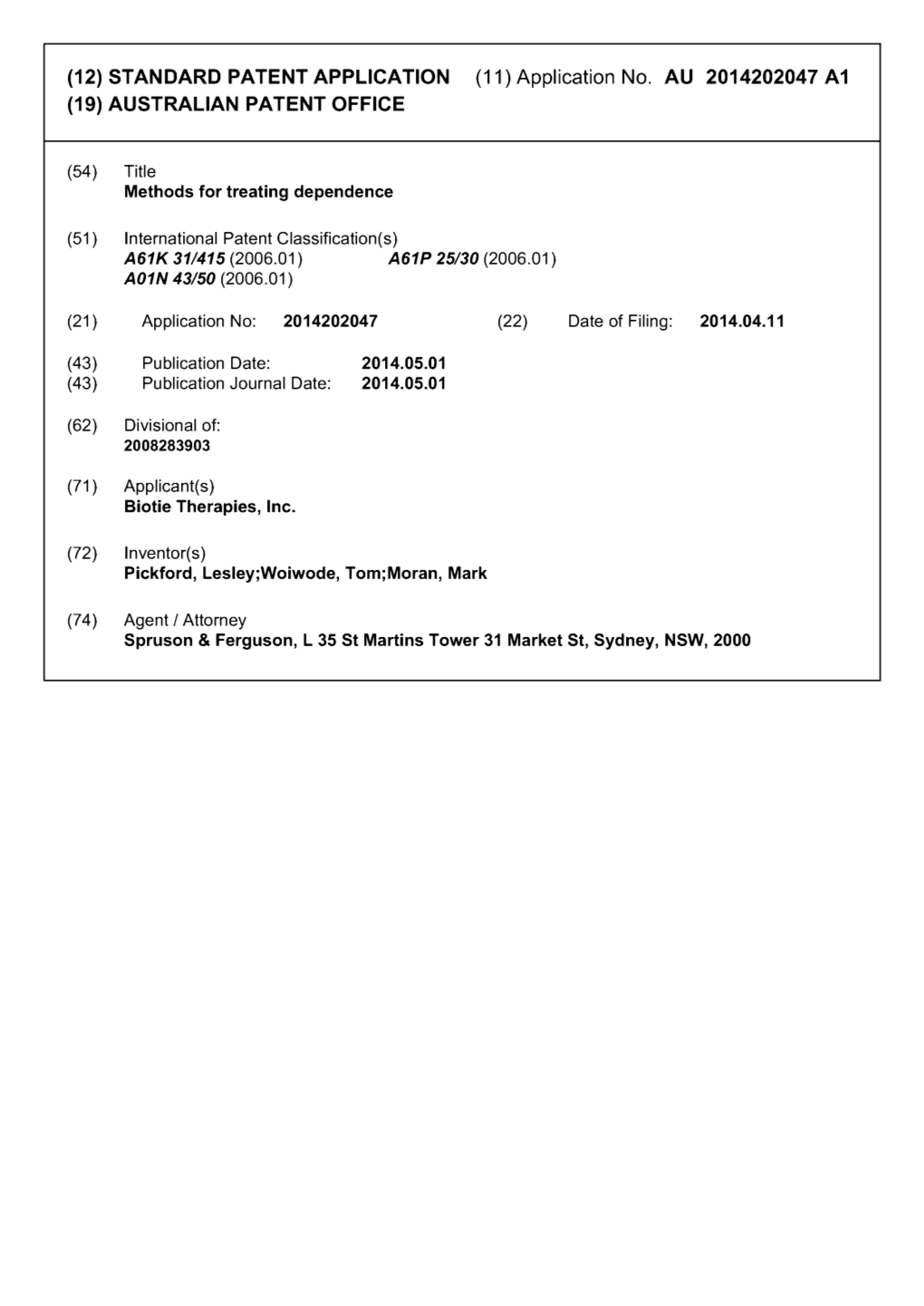 Application No. AU 2014202047 A1 (19) AUSTRALIAN PATENT OFFICE