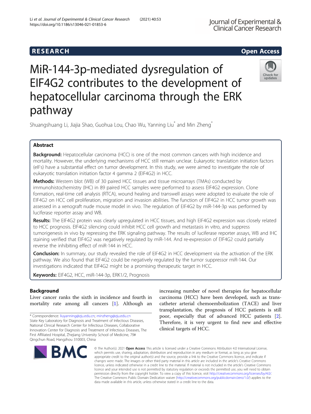 Mir-144-3P-Mediated Dysregulation of EIF4G2 Contributes to The