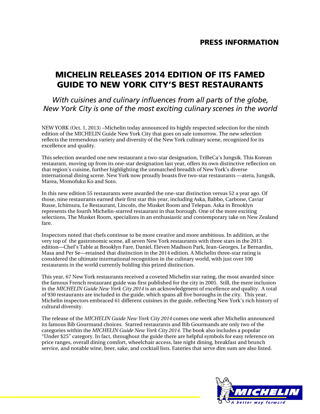 2014 NYC Michelin Guide Press Release