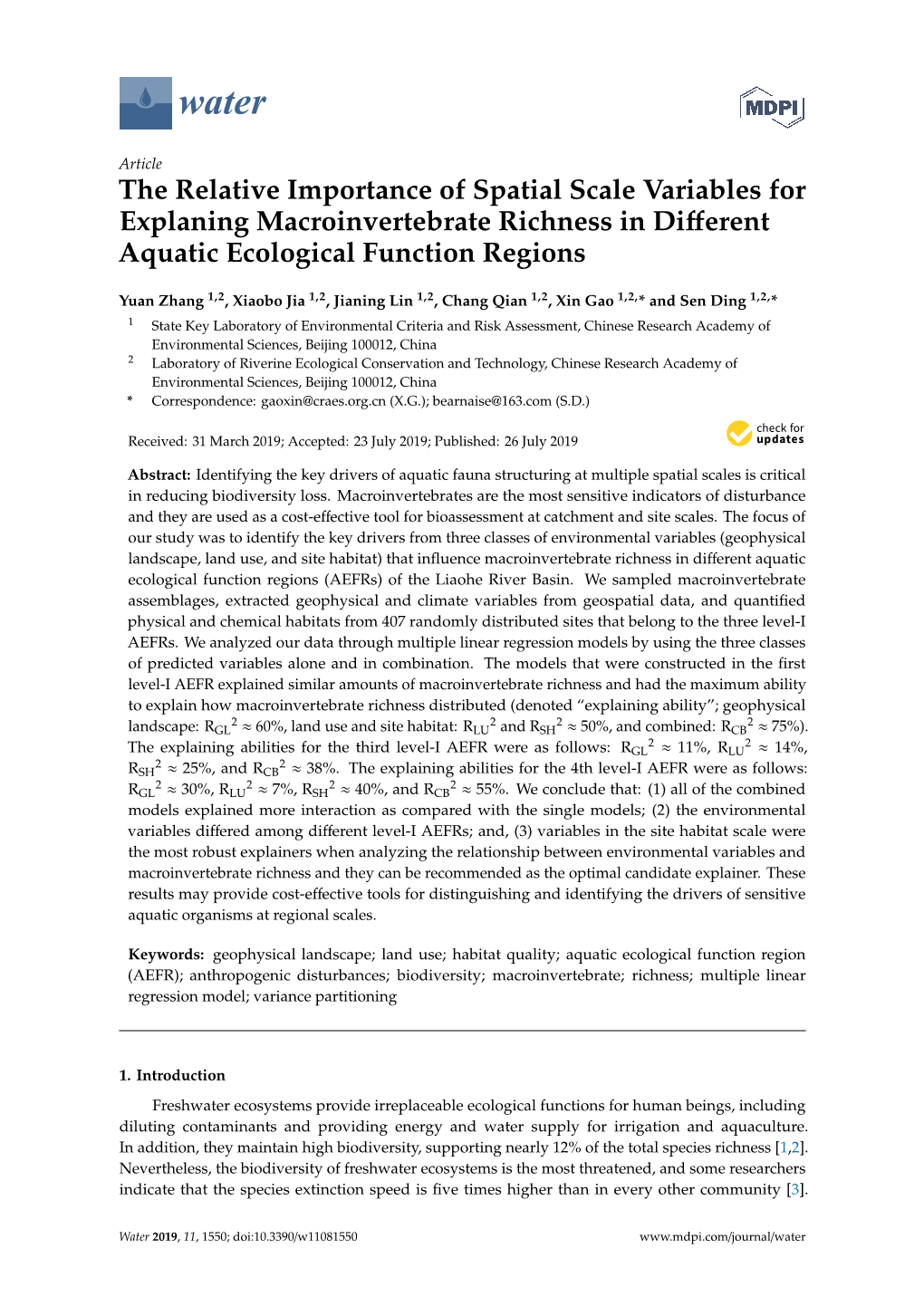 The Relative Importance of Spatial Scale Variables for Explaning Macroinvertebrate Richness in Diﬀerent Aquatic Ecological Function Regions