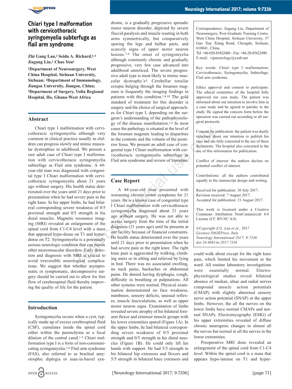 Chiari Type I Malformation with Cervicothoracic Syringomyelia