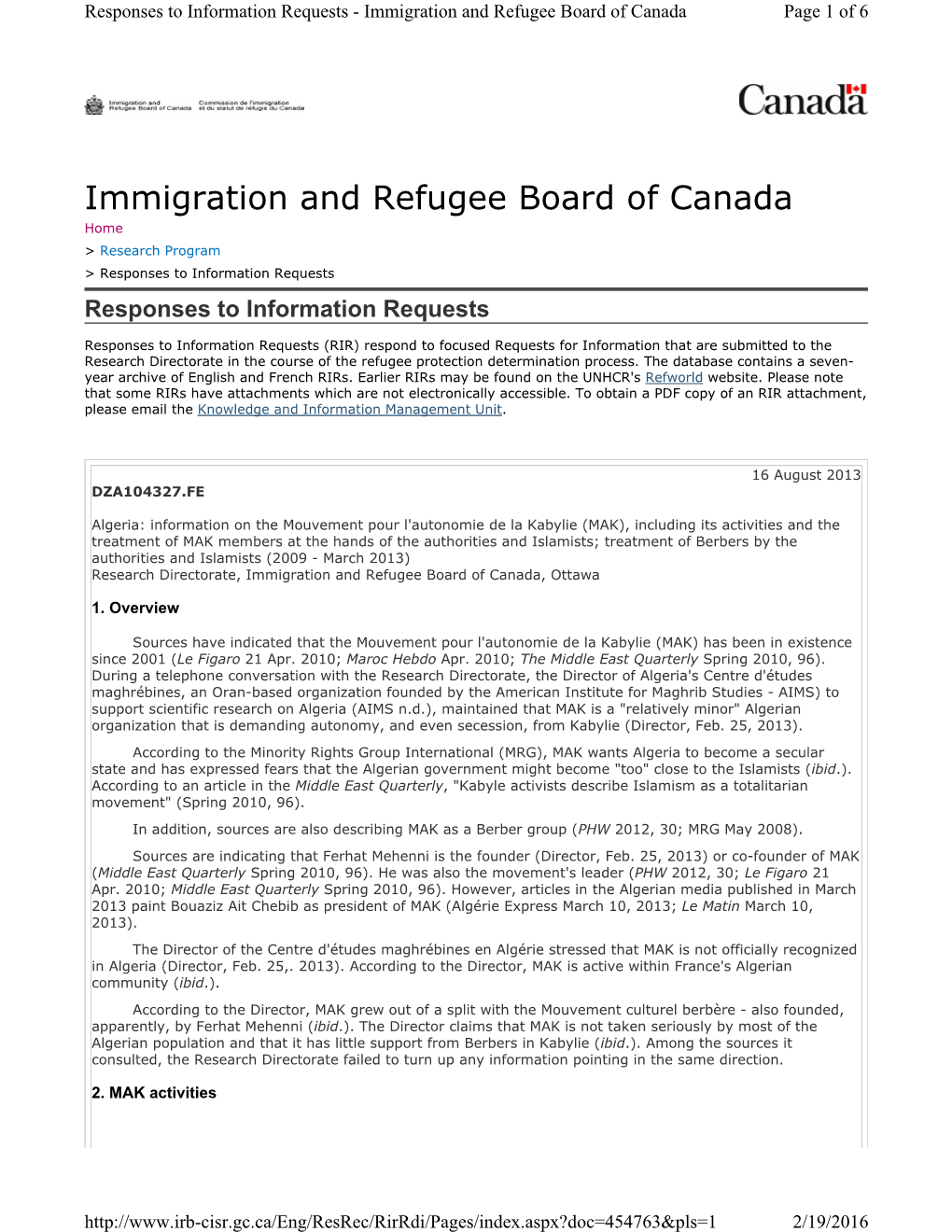 Immigration and Refugee Board of Canada Page 1 of 6