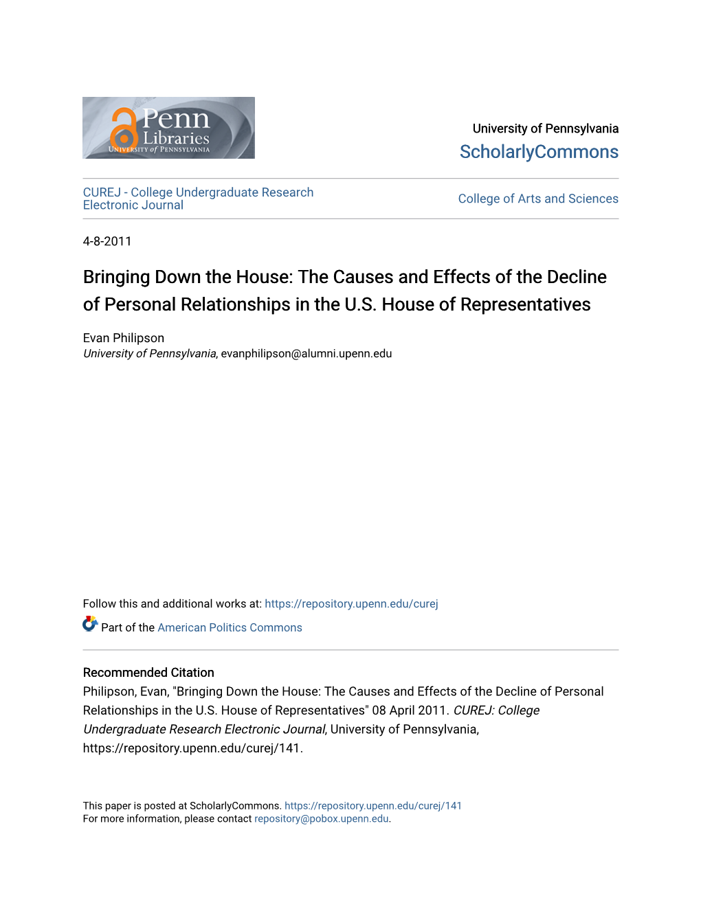 Bringing Down the House: the Causes and Effects of the Decline of Personal Relationships in the U.S