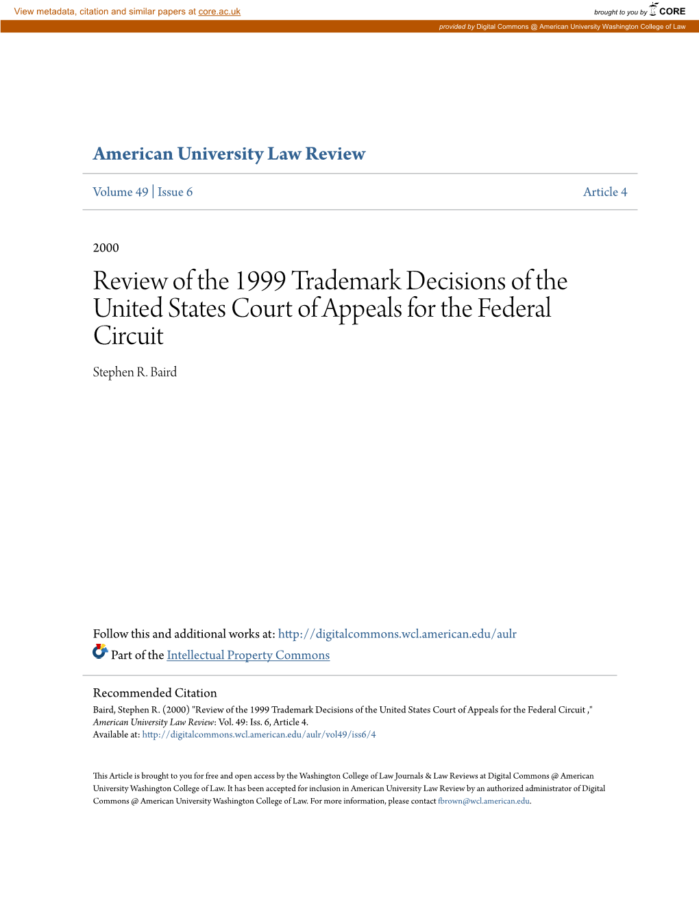 Review of the 1999 Trademark Decisions of the United States Court of Appeals for the Federal Circuit Stephen R