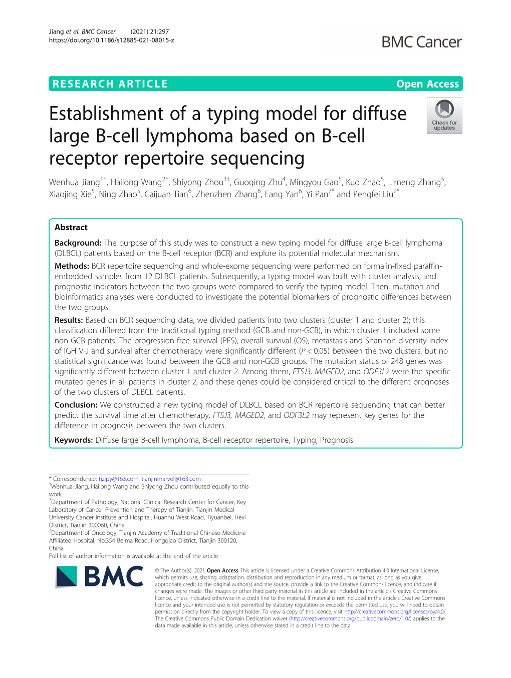 Establishment of a Typing Model for Diffuse Large B-Cell Lymphoma Based on B-Cell Receptor Repertoire Sequencing