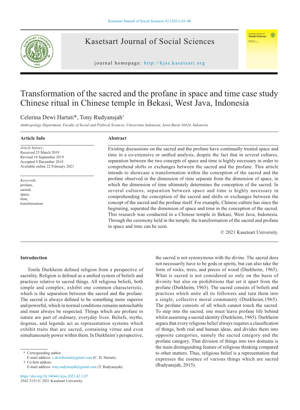 Transformation of the Sacred and the Profane in Space and Time Case Study Chinese Ritual in Chinese Temple in Bekasi, West Java, Indonesia