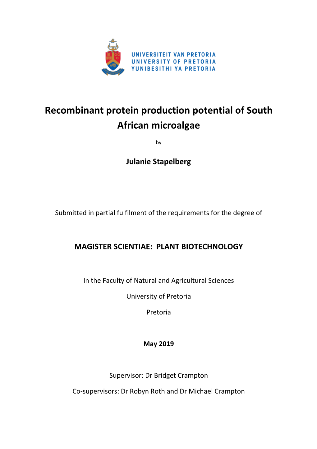 Recombinant Protein Production Potential of South African Microalgae