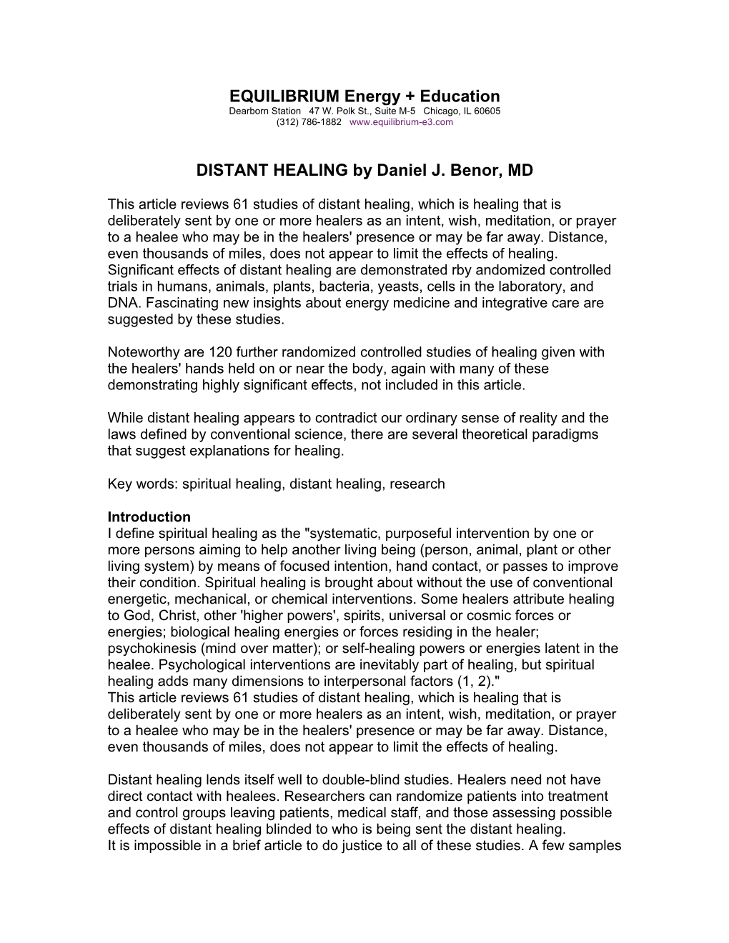 DISTANT HEALING by Daniel J. Benor, MD