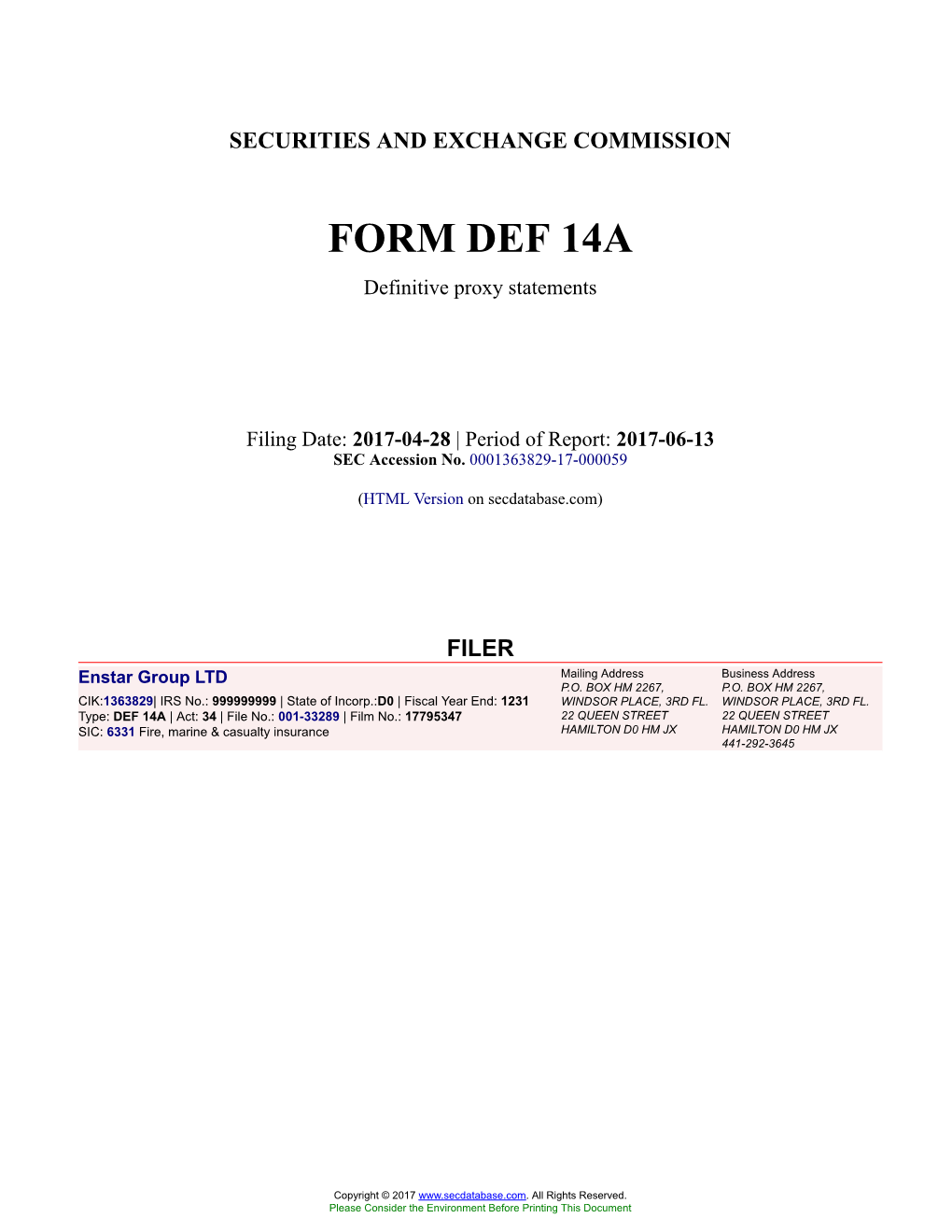 Enstar Group LTD Form DEF 14A Filed 2017-04-28