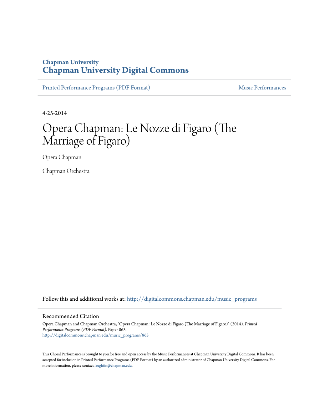 Le Nozze Di Figaro (The Marriage of Figaro) Opera Chapman