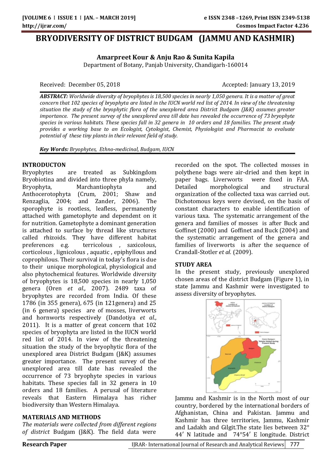 Bryodiversity of District Budgam (Jammu and Kashmir)