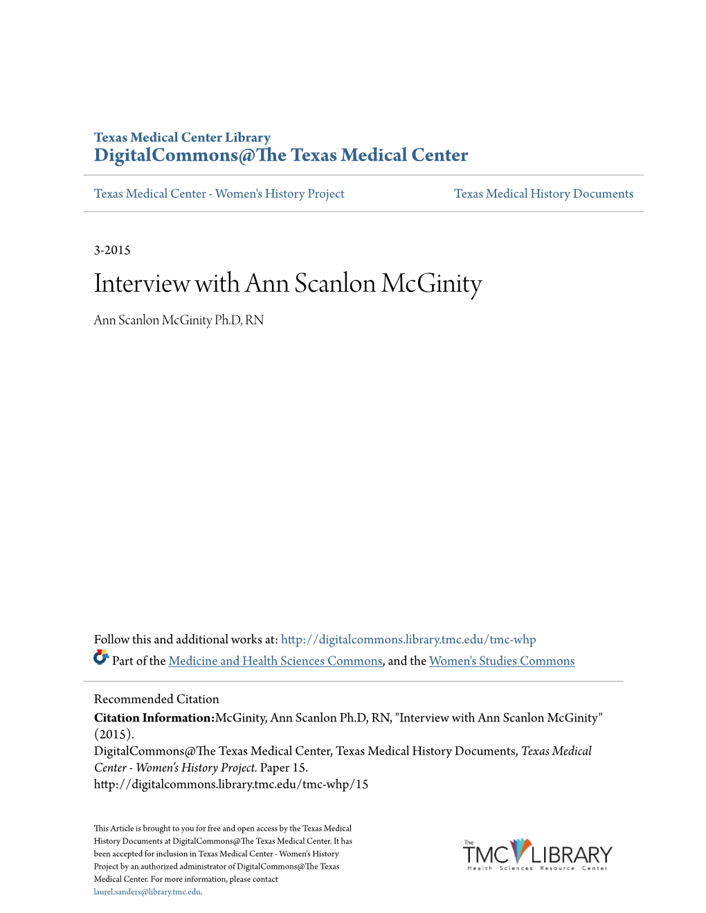 Interview with Ann Scanlon Mcginity Ann Scanlon Mcginity Ph.D, RN