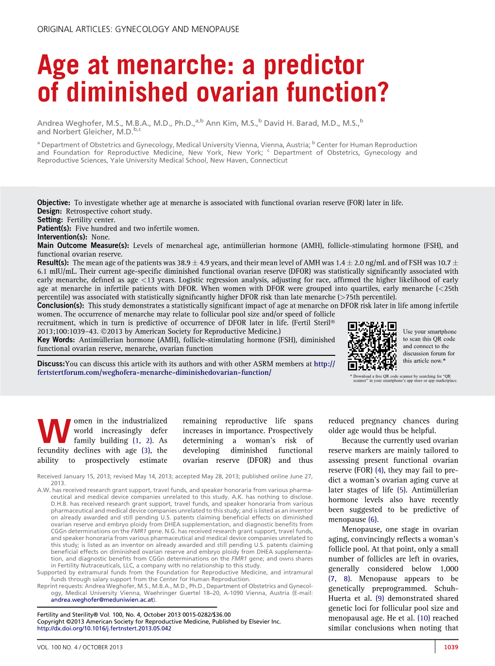 Age at Menarche: a Predictor of Diminished Ovarian Function?