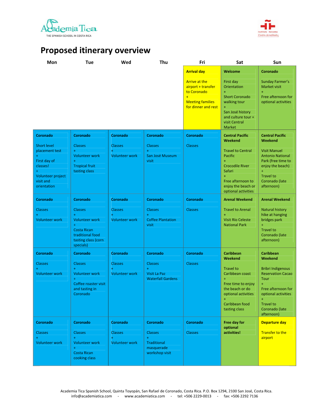 Proposed Itinerary Overview Mon Tue Wed Thu Fri Sat Sun