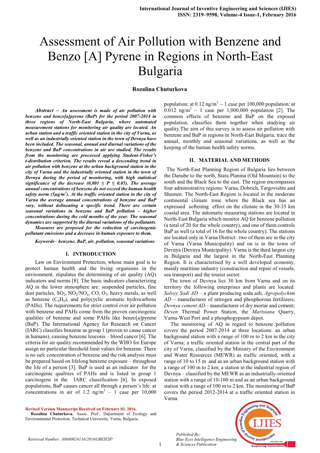 Assessment of Air Pollution with Benzene and Benzo [A] Pyrene in Regions in North-East Bulgaria