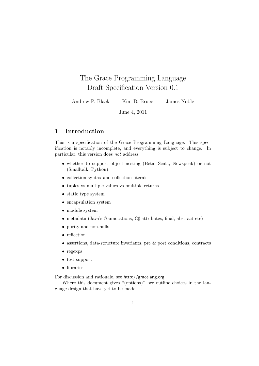 The Grace Programming Language Draft Specification Version