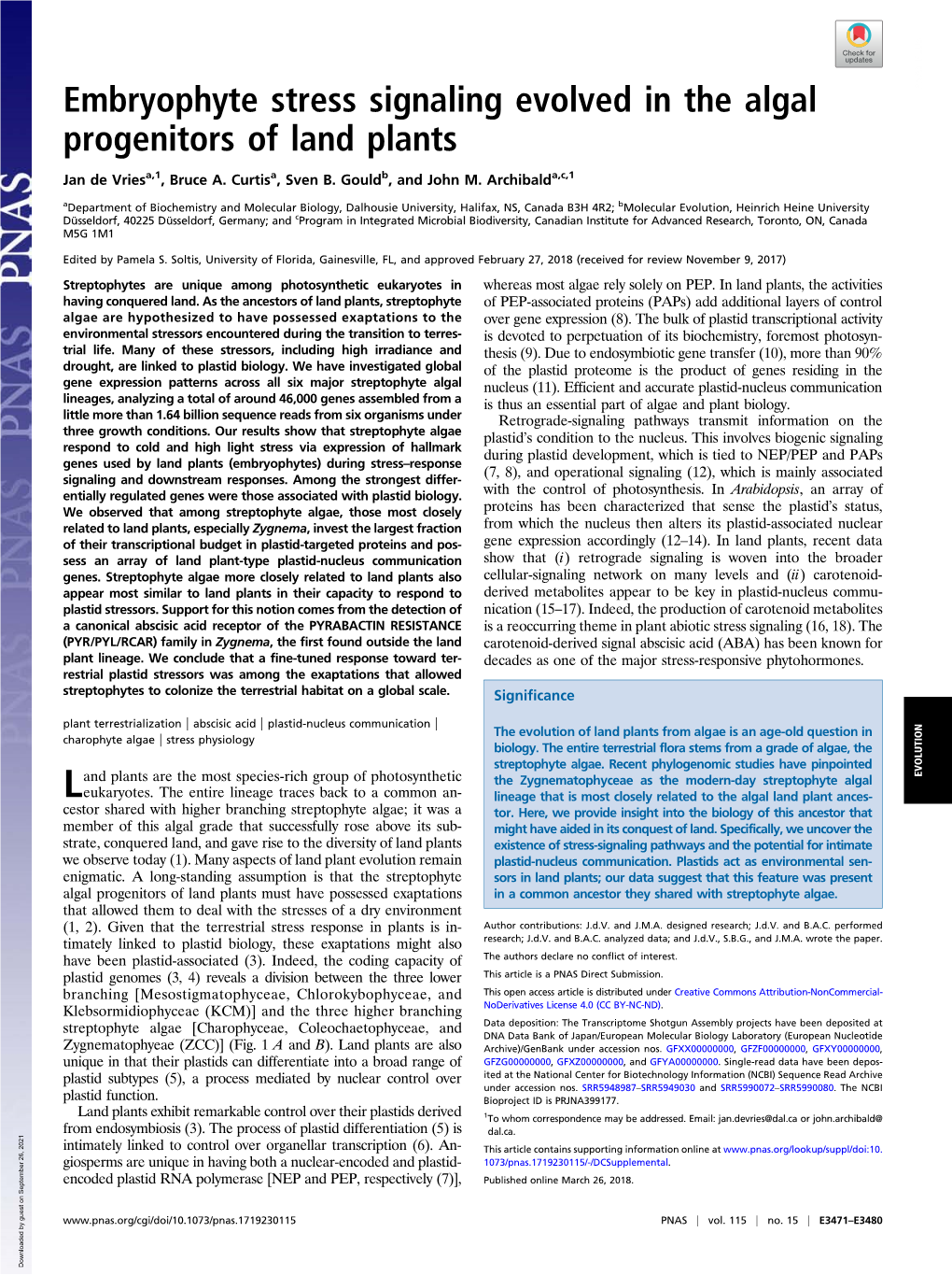 Embryophyte Stress Signaling Evolved in the Algal Progenitors of Land Plants