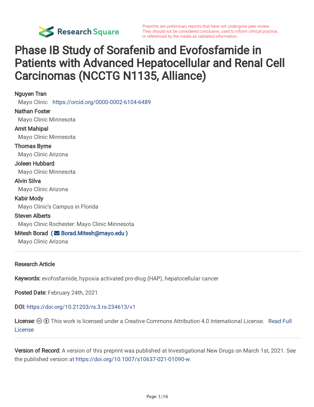 Phase IB Study of Sorafenib and Evofosfamide in Patients with Advanced Hepatocellular and Renal Cell Carcinomas (NCCTG N1135, Alliance)