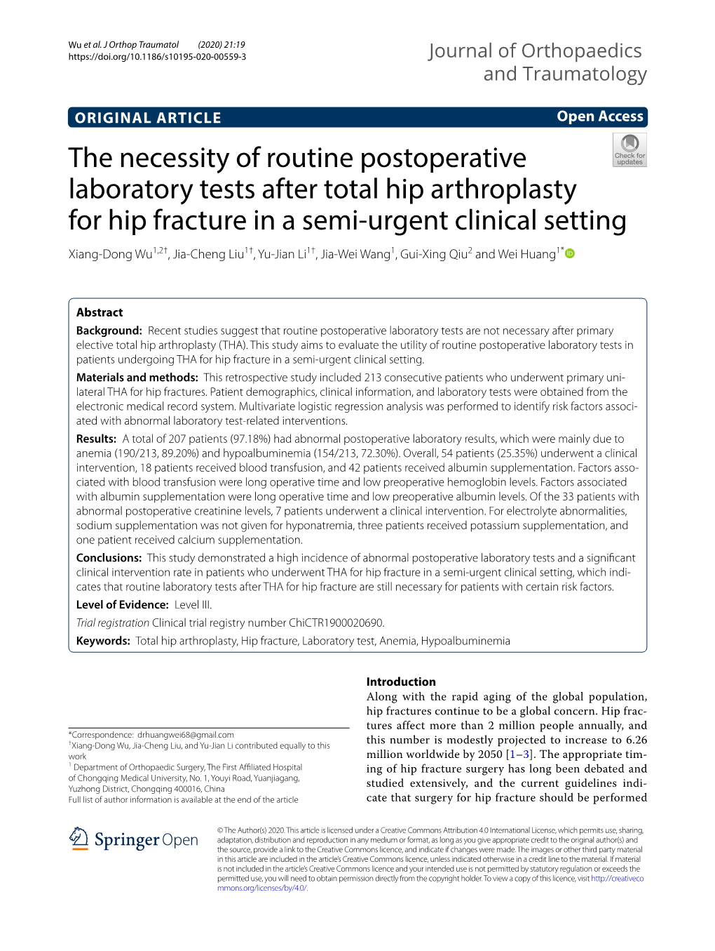 The Necessity of Routine Postoperative Laboratory Tests After Total Hip