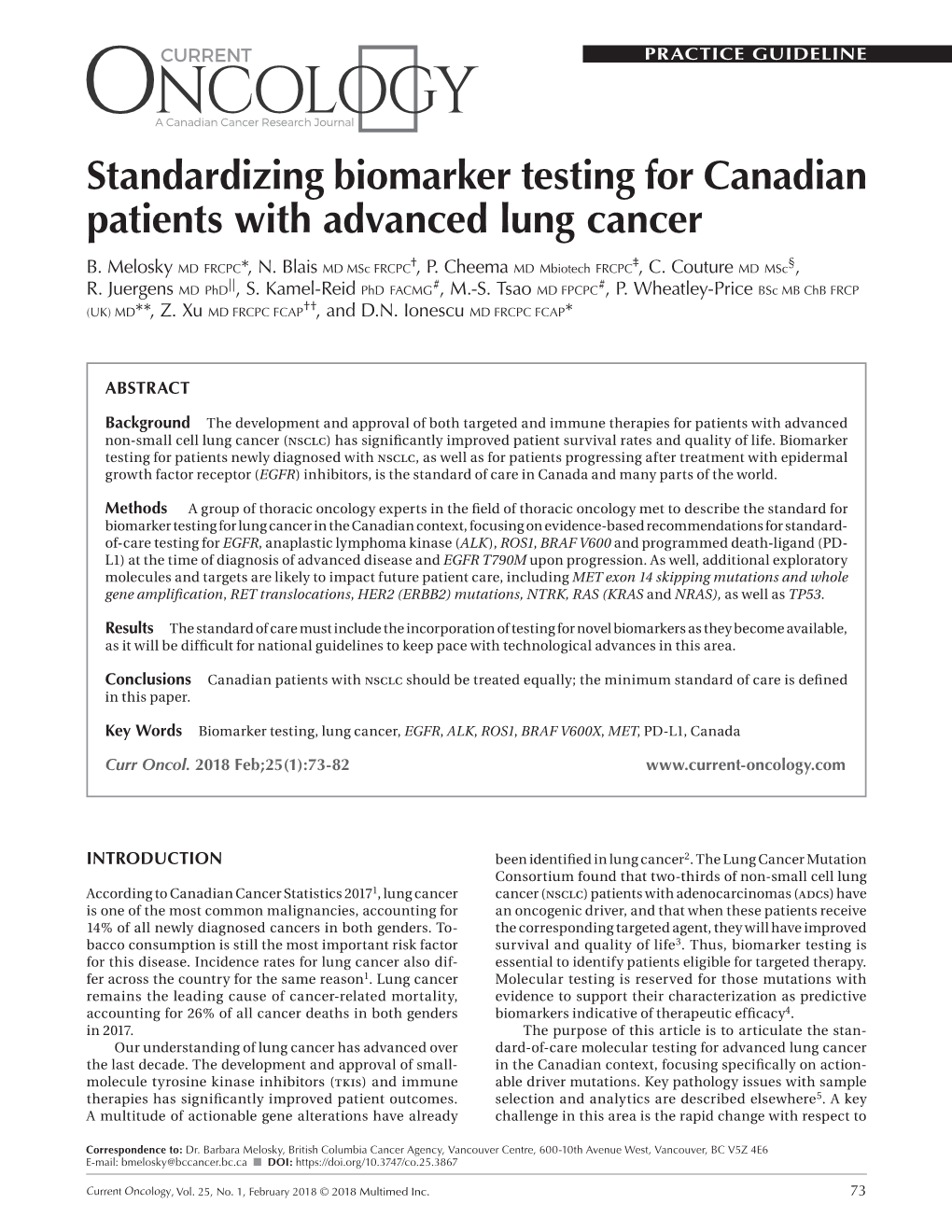 Standardizing Biomarker Testing for Canadian Patients with Advanced Lung Cancer