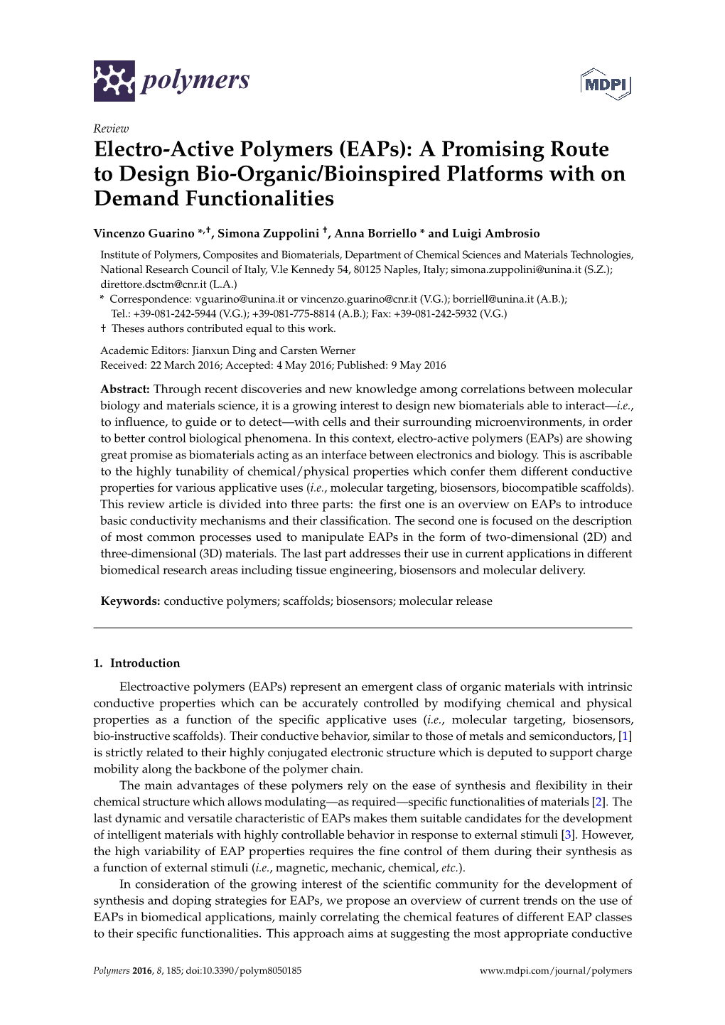 Electro-Active Polymers (Eaps): a Promising Route to Design Bio-Organic/Bioinspired Platforms with on Demand Functionalities