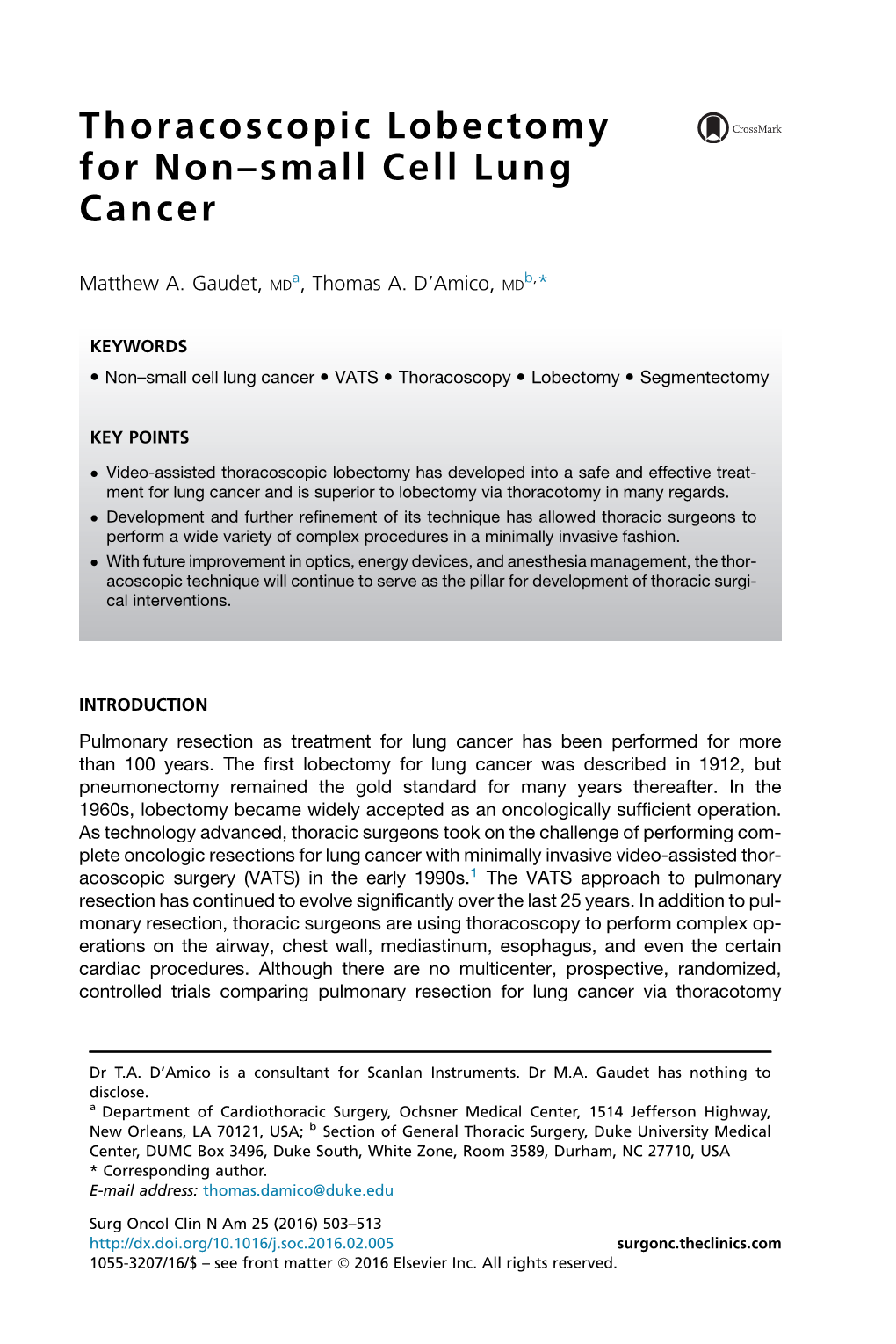 Thoracoscopic Lobectomy for Non-Small Cell Lung Cancer