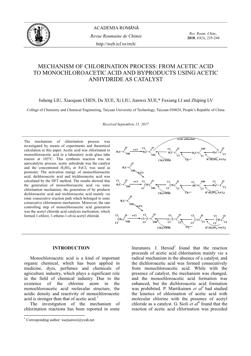 From Acetic Acid to Monochloroacetic Acid and Byproducts Using Acetic Anhydride As Catalyst