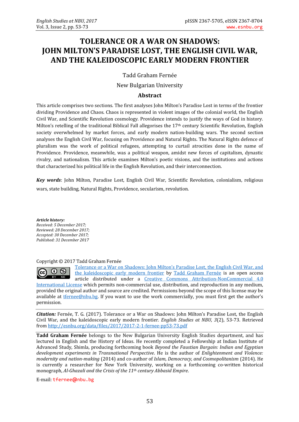 Tolerance Or a War on Shadows: John Milton's Paradise Lost, the English Civil War, and the Kaleidoscopic Early Modern Frontier