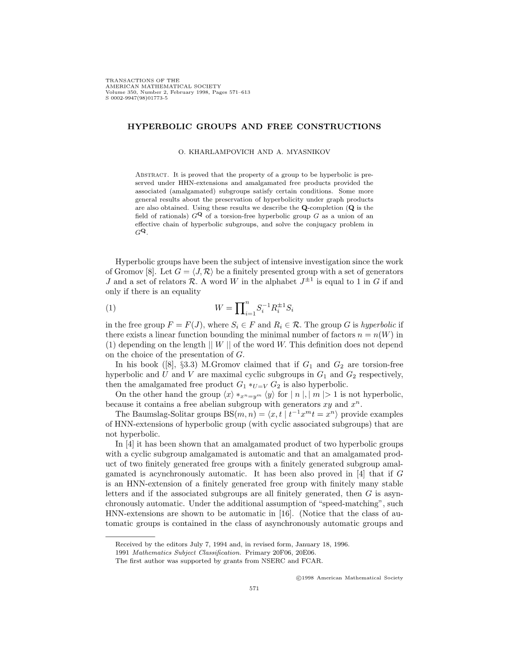 Hyperbolic Groups and Free Constructions