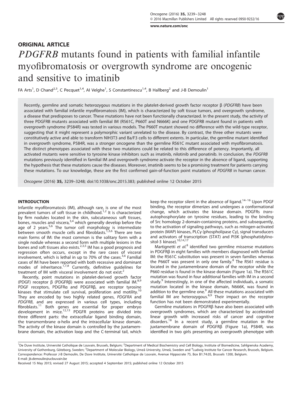 PDGFRB Mutants Found in Patients with Familial Infantile Myofibromatosis Or Overgrowth Syndrome Are Oncogenic and Sensitive to I