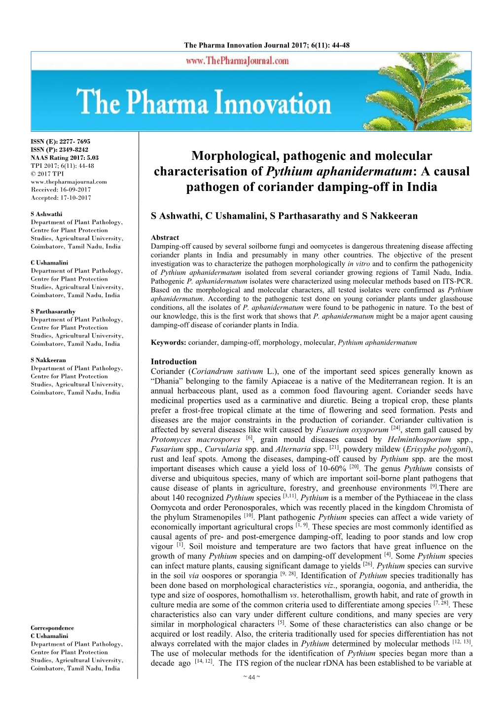 A Causal Pathogen of Coriander Damping-Off I