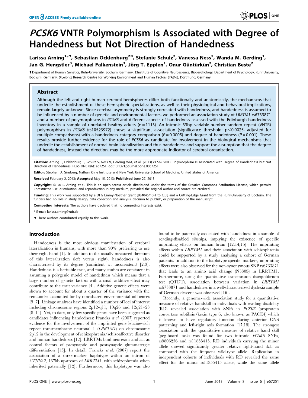 PCSK6 VNTR Polymorphism Is Associated with Degree of Handedness but Not Direction of Handedness