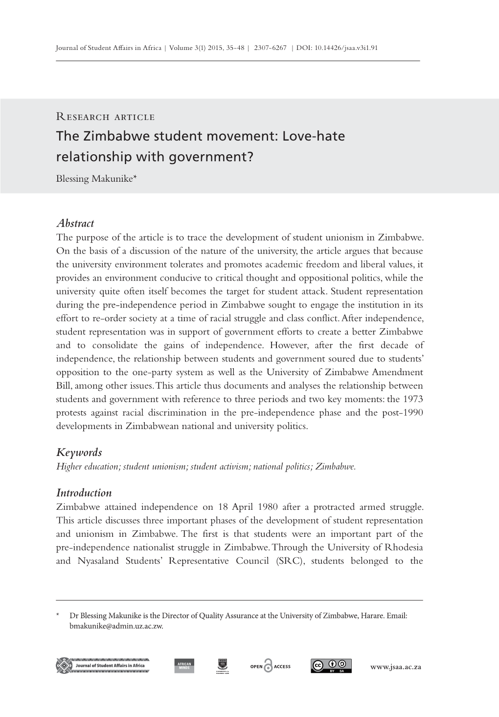 The Zimbabwe Student Movement: Love-Hate Relationship with Government?