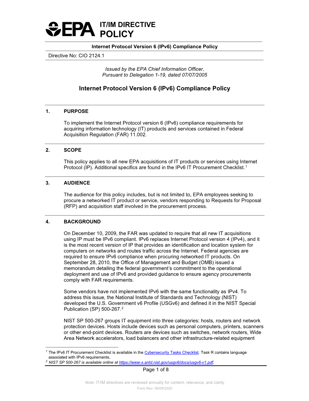 EPA IT/IM Directive: Internet Protocol Version 6 (Ipv6) Compliance Policy