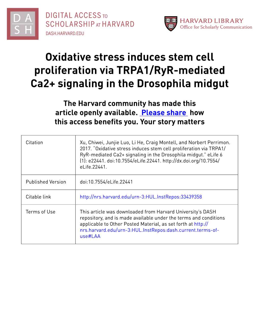 Oxidative Stress Induces Stem Cell Proliferation Via TRPA1/Ryr-Mediated Ca2+ Signaling in the Drosophila Midgut
