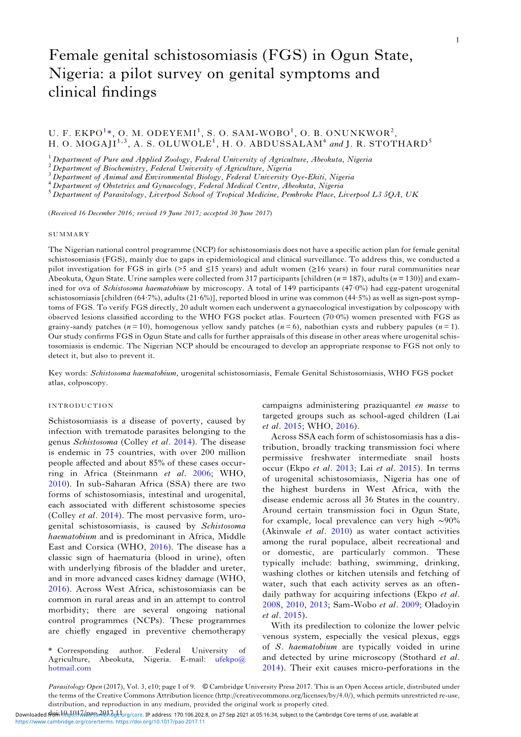 In Ogun State, Nigeria: a Pilot Survey on Genital Symptoms and Clinical ﬁndings