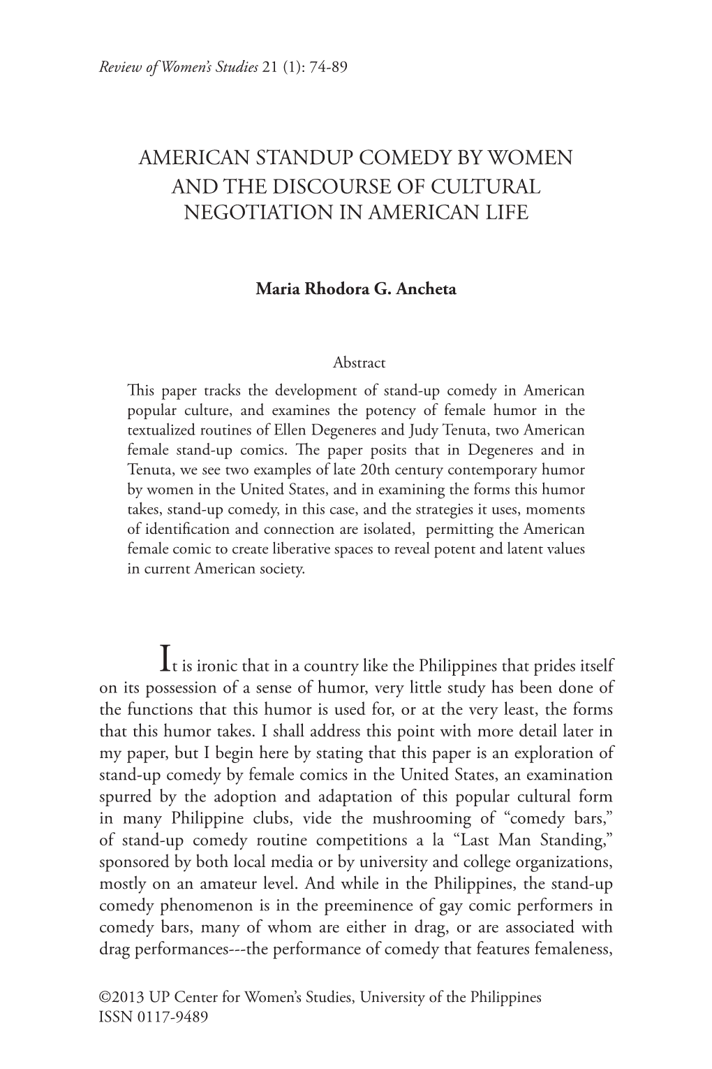 American Standup Comedy by Women and the Discourse of Cultural Negotiation in American Life