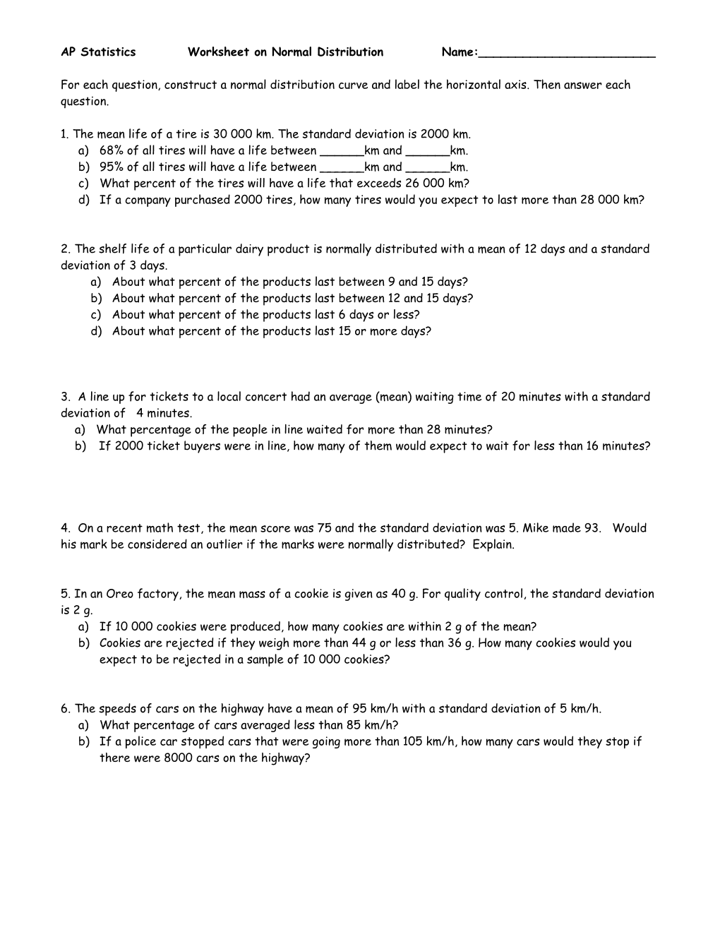 Worksheet on Normal Distribution