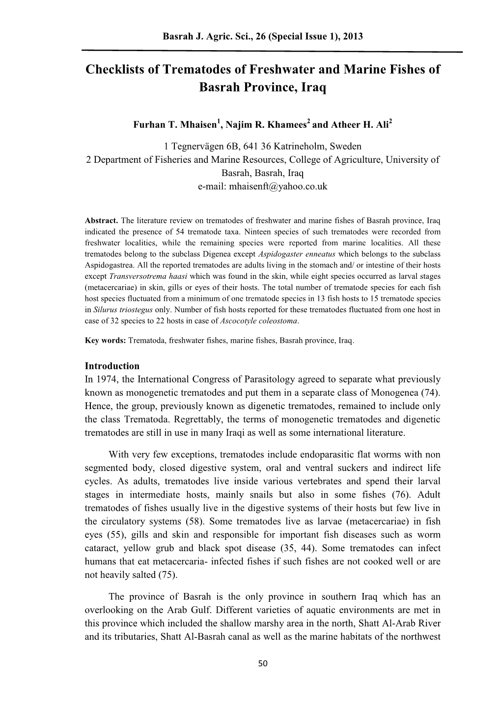 Checklists of Trematodes of Freshwater and Marine Fishes of Basrah Province, Iraq