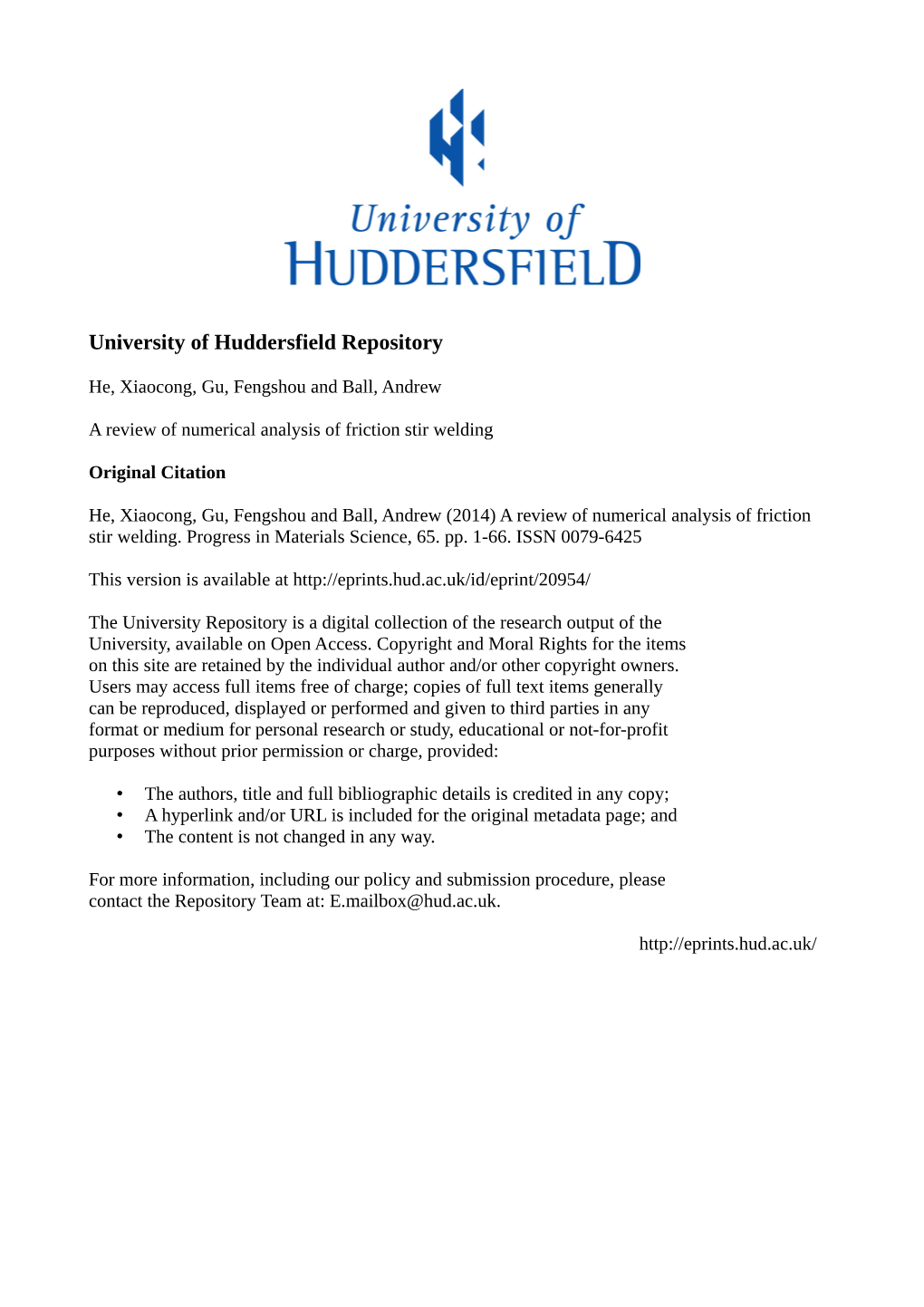 A Review of Numerical Analysis of Friction Stir Welding