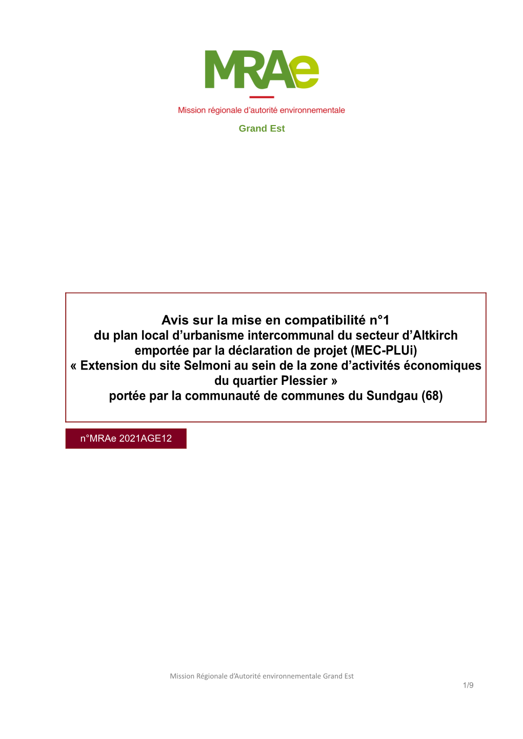 Avis Sur La Mise En Compatibilité N°1 Du Plan Local D'urbanisme