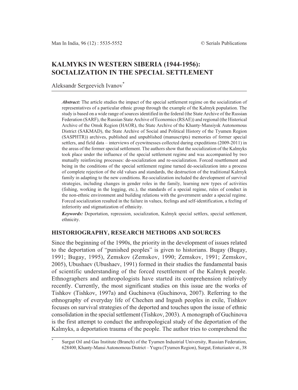 Kalmyks in Western Siberia (1944-1956): Socialization in the Special Settlement