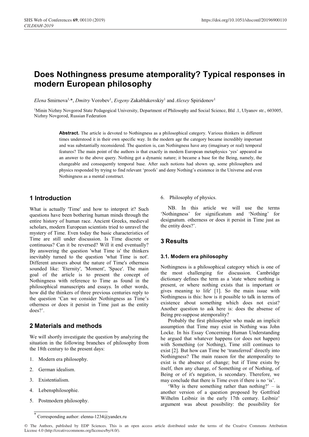 Does Nothingness Presume Atemporality? Typical Responses in Modern European Philosophy