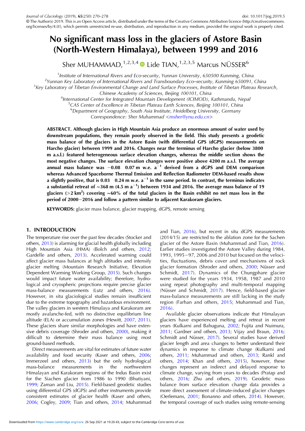 No Significant Mass Loss in the Glaciers of Astore Basin (North-Western Himalaya), Between 1999 and 2016