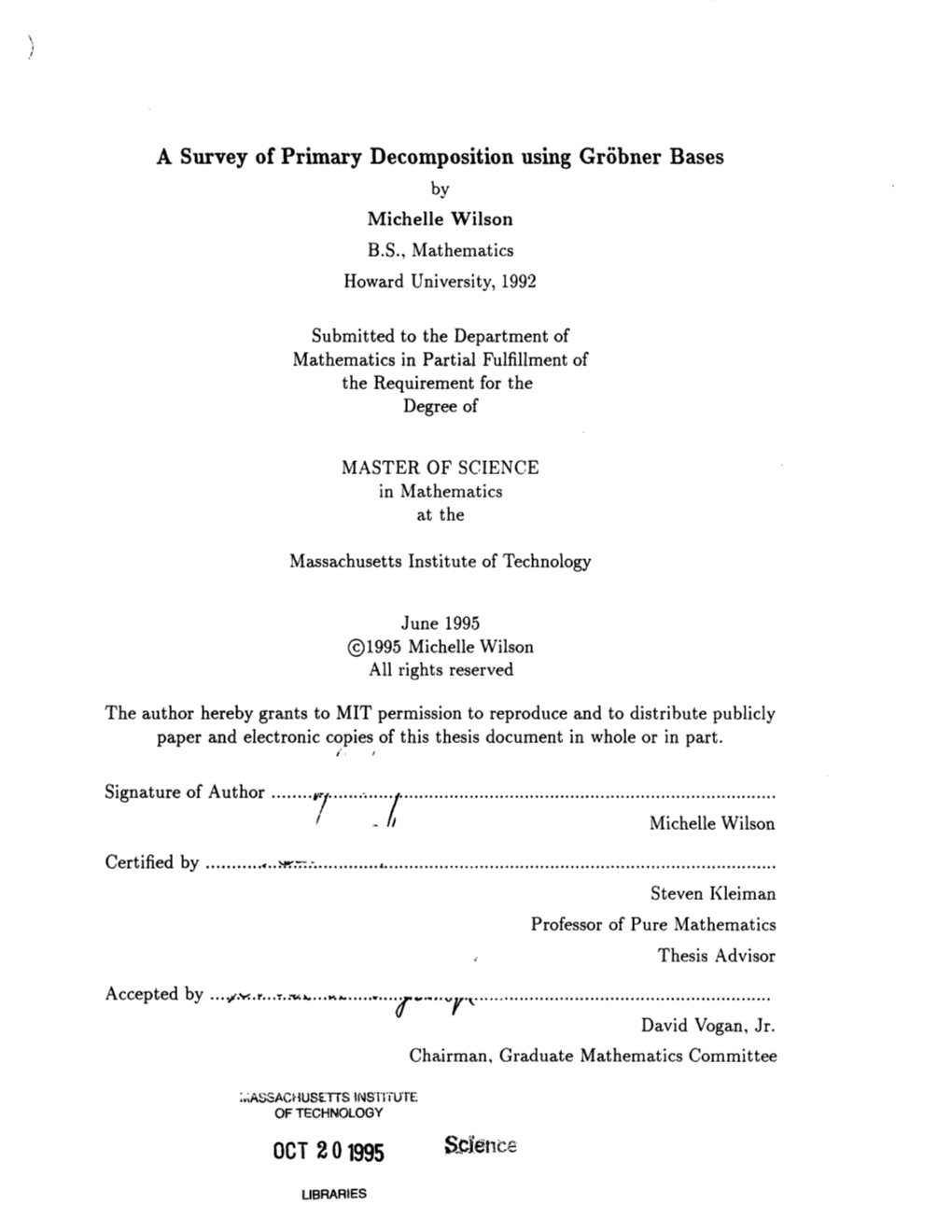 A Survey of Primary Decomposition Using Grsbner Bases OCT 2 0 1995